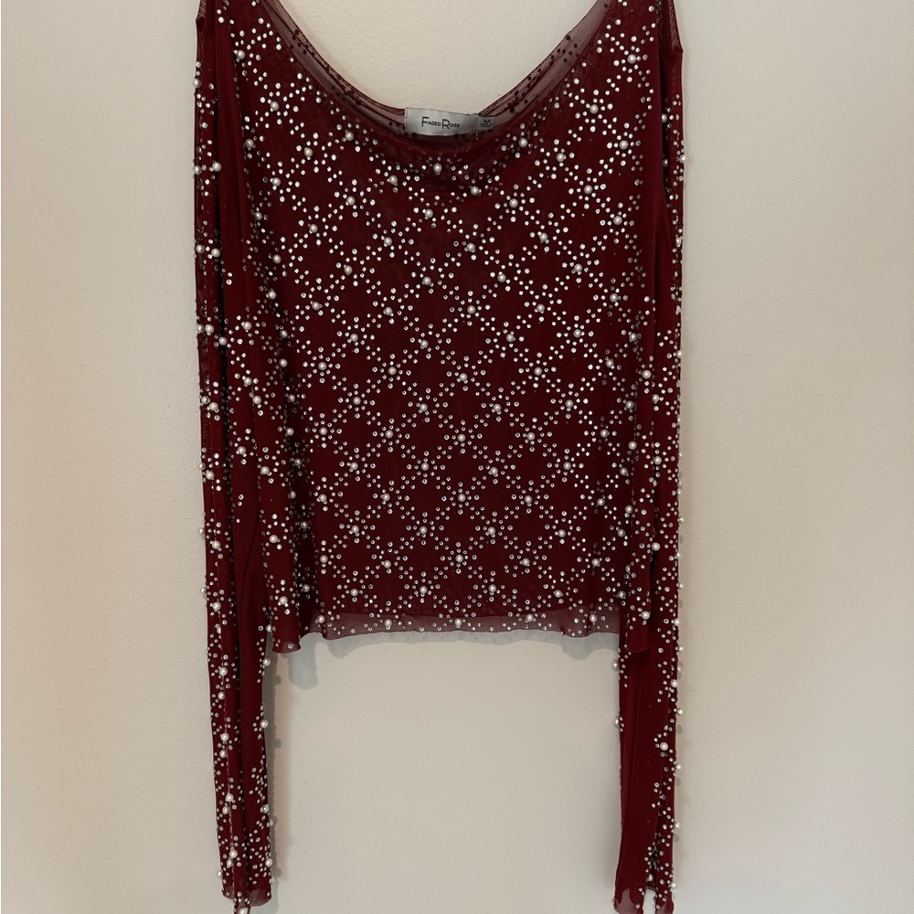 Sheer Burgundy Long-Sleeve Mesh Top with Pearl Beading
